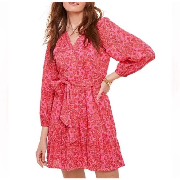 Vineyard Vines Sand Scarf Print Dress Long Sleeve Boho Pink Sz S - Picture 2 of 12